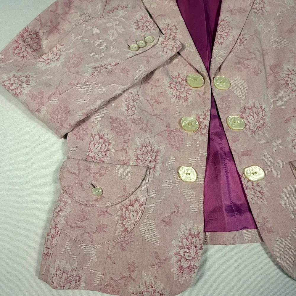 Ann Taylor Petites‎ 8P Pink Floral Jacquard Brocade Linen blend Blazer Easter